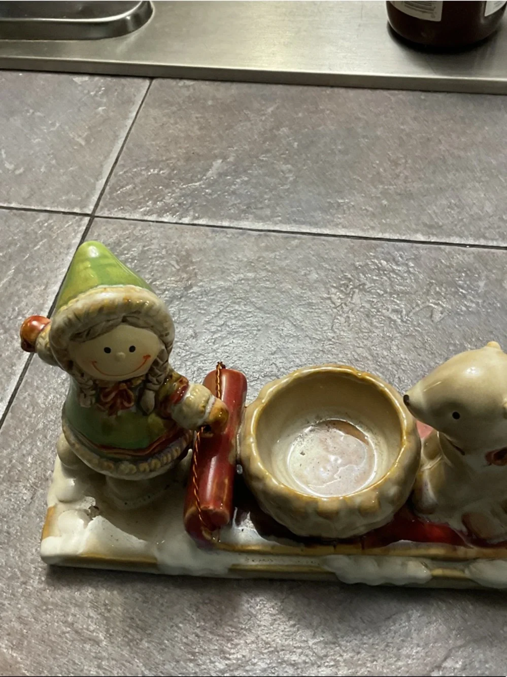 Ceramic Girl & Dog Candle Holder - Green, Red, Cream